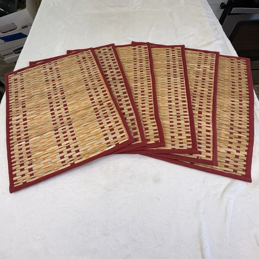Vintage Woven Placemats Set of 8 Red Orange Natural Fiber Rustic Table Mats